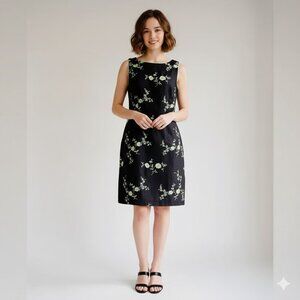 VINTAGE 90s Jessica Howard Petite Black & Green Linen Floral Sheath Dress | 14P